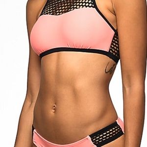 Trillium Highneck Coral & black fishnet bikini set